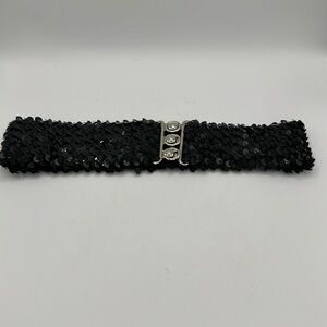 Black sequin stretch belt with silver metallic closure, size S